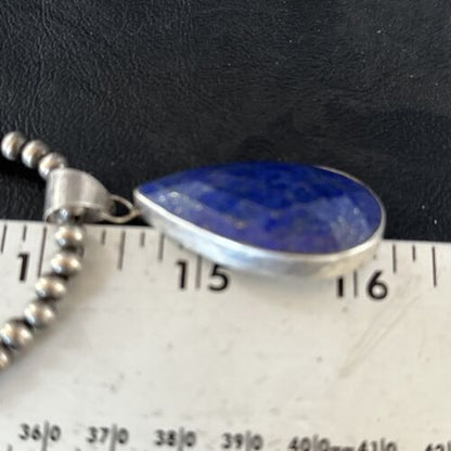 Men's Navajo Pearls Necklace with Faceted Lapis Pendant | Sterling Silver | Authentic Native American Handmade | 14469