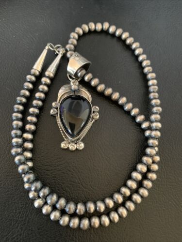 Native American Men's Navajo Pearls Necklace Pendant | Sterling Silver Black Onyx | 13099
