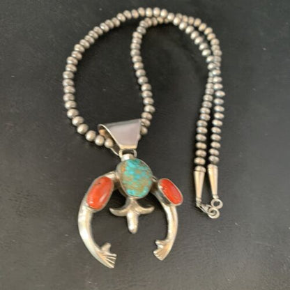 Navajo Pearl Necklace with Royston Turquoise & Coral Naja Pendant | Sterling Silver | 13644