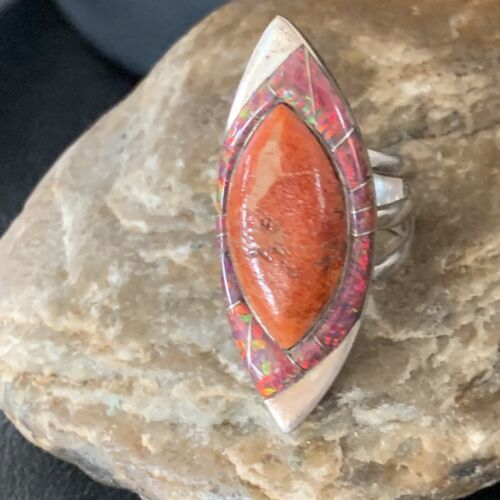 Navajo Red Spiny Oyster Opal Inlay Ring | Sterling Silver | Sz 10 | Authentic Native American Handmade | 12844