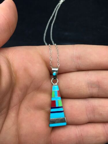 Navajo Turquoise & Coral Inlay Pendant | Sterling Silver Chain | Authentic Native American Handmade | 4437
