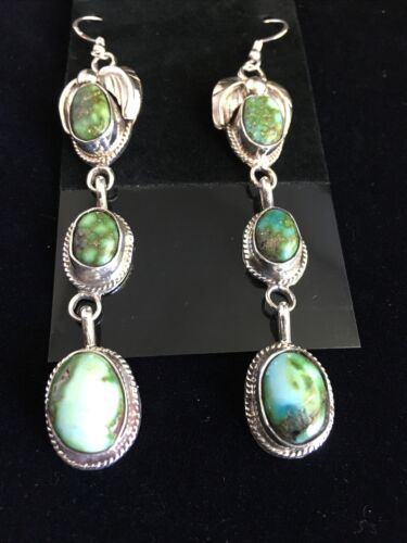 Navajo Green Sonoran Gold Turquoise 3Dangle Earrings | Sterling Silver | Authentic Native American Handmade | 1791