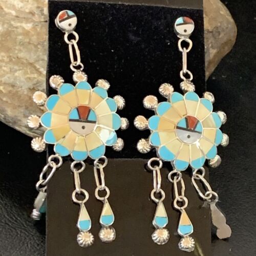 Zuni Sun Face Kingman Turquoise & Yellow Mother of Pearl Dangle Earrings | Sterling Silver | 12126