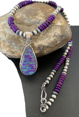 Navajo Purple Sugilite Necklace with Faux Opal Pendant | Sterling Silver | Authentic Native American Handmade | 01916