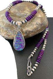 Navajo Purple Sugilite Necklace with Faux Opal Pendant | Sterling Silver | Authentic Native American Handmade | 01916