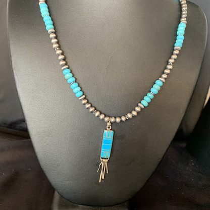Navajo Blue Turquoise Inlay Pendant Necklace | Sterling Silver | Native American Handmade | 13836
