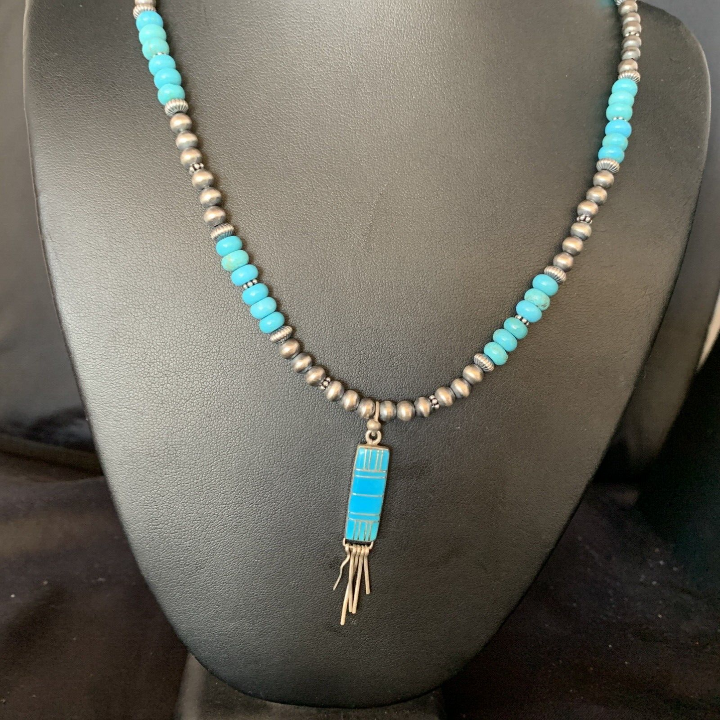 Navajo Blue Turquoise Pendant Necklace | Sterling Silver | Authentic Native American Handmade | 13835