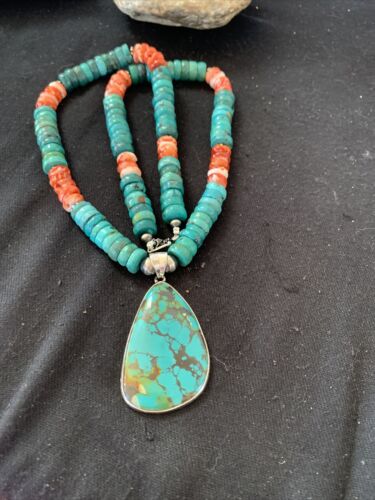 Navajo Pearls Spiderweb Spiny Oyster Turquoise Sterling Silver Necklace Pendant | Authentic Native American Handmade | 20"