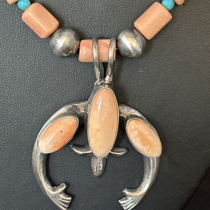 Navajo Pink Coral & Blue Turquoise Necklace with Naja Pendant | Sterling Silver | Native American Handmade | 14813
