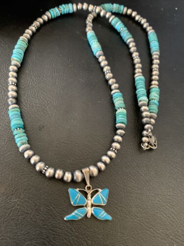 Navajo Pearl Sterling Silver Butterfly Turquoise Necklace Pendant | Authentic Native American Handmade | 12559