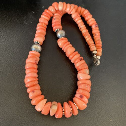 Native American Navajo Pink Coral Bead Necklace | Sterling Silver | 18" | 13231 - Masha USA