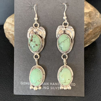 Navajo Green Spiderweb Turquoise Dangle Earrings | Sterling Silver | Authentic Native American Handmade | 13547