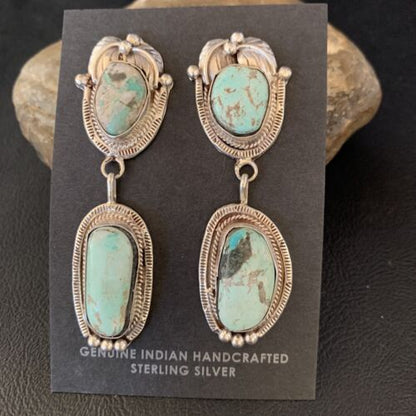 Navajo Blue Dry Creek Turquoise Post Dangle Earrings | Sterling Silver | Authentic Native American Handmade | 13875