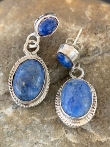 Navajo Denim Lapis Dangle Earrings | Sterling Silver | 1.1" | Authentic Native American Handmade | 1705