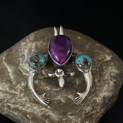 Navajo Sterling Silver Blue Turquoise Purple Sugilite Naja Pendant | Authentic Native American Handmade | 14673