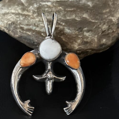 Navajo White Buffalo Turquoise Spiny Naja Pendant | Sterling Silver | Authentic Native American Handmade | 14671