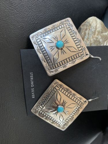 Navajo Blue Turquoise Earrings | Stamped Sterling Silver | Authentic Native American Handmade | 13324
