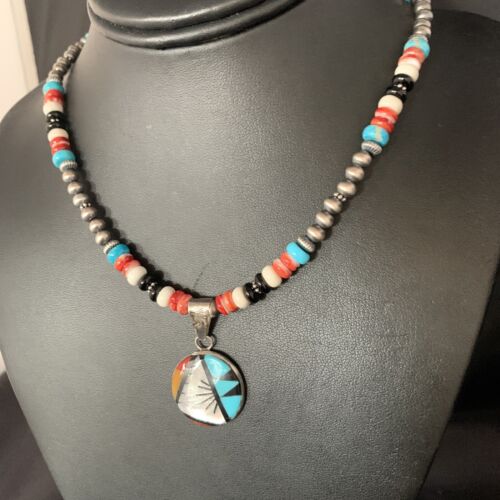 Zuni Multi-Color Turquoise Onyx Necklace | Sterling Silver Inlay Pendant | Native American Handmade | 13564
