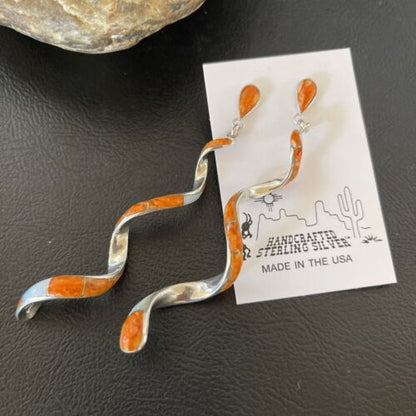 Navajo Snake Swirl Earrings | Orange Spiny Opal Inlay | Sterling Silver | 3.25" | 1547