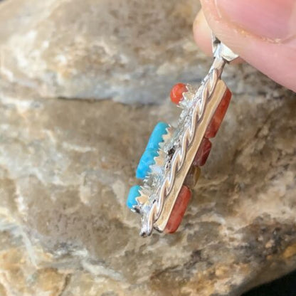 Zuni Yellow Mother of Pearl Turquoise Spiny Inlay Sun Face Pendant | Sterling Silver | 1686