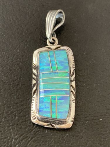 Authentic Native American Navajo Sterling Silver Pendant | Blue Faux Opal Inlay | 01480