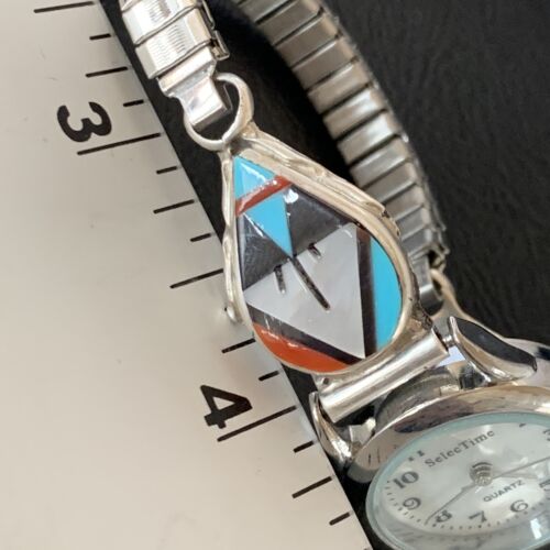 Authentic Native American Zuni Sterling Silver Watch Tips | Onyx, Coral, Turquoise Inlay | Women's | 11577