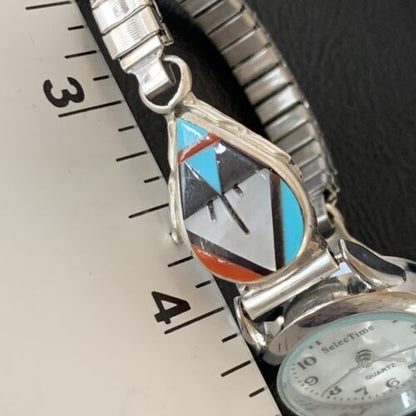 Authentic Native American Zuni Sterling Silver Watch Tips | Onyx, Coral, Turquoise Inlay | Women's | 11577