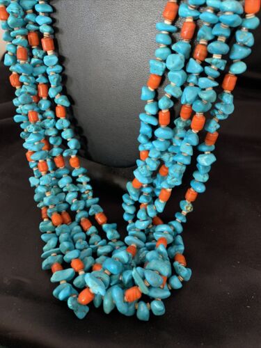 Native American Santo Domingo Spiny Blue Turquoise Shell Jacla Necklace | 5 Strand | 36" | 13194