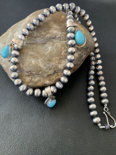 Navajo Handmade Sterling Silver Turquoise Necklace | 3 Teardrop Pendants | Authentic Native American | 1952