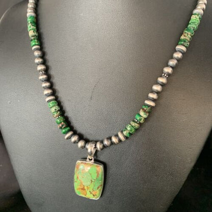 Navajo Pearls Green Mojave Turquoise Pendant Necklace | Sterling Silver | Native American Handmade | 13462