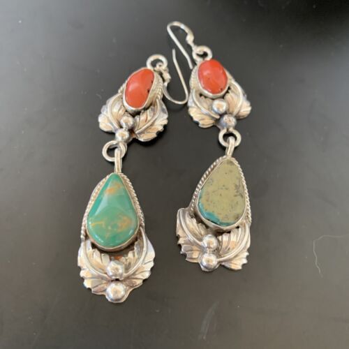 Navajo Green Royston Turquoise Red Coral Dangle Earrings | Sterling Silver | Authentic Native American Handmade | 2058
