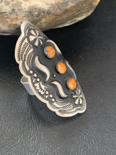 Navajo Orange Spiny Oyster Multi-Stone Ring | Authentic Native American Sterling Silver | Sz 10 Adj | 11658
