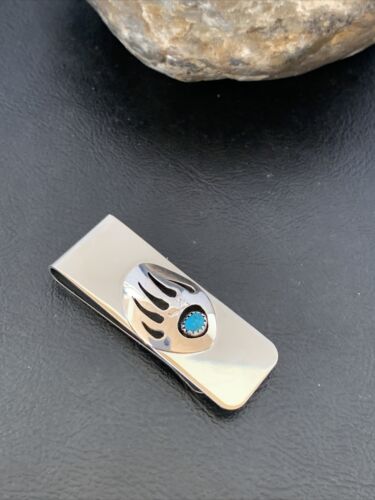 Navajo Handmade Turquoise Bear Paw Money Clip | Sterling Silver | Authentic Native American | 1568