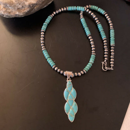 Authentic Native American Navajo Sterling Silver Pendant | Blue Turquoise & Opal Inlay Necklace | 11471