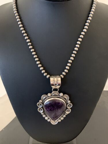 Men's Navajo Pearls Necklace with Purple Sugilite Pendant | Sterling Silver | Authentic Native American Handmade | 00541