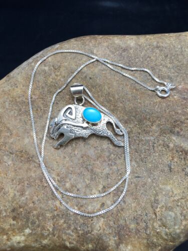 Navajo Buffalo Turquoise Pendant 1.25" | Sterling Silver | Native American Handmade | 20" | 3024