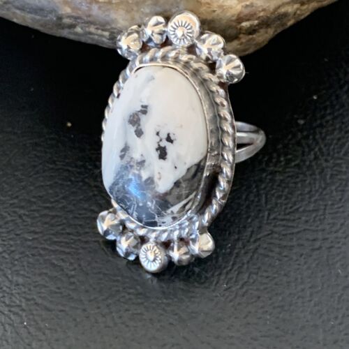 Navajo White Buffalo Turquoise Ring | Sterling Silver | Sz 8 | Authentic Native American Handmade | 13347