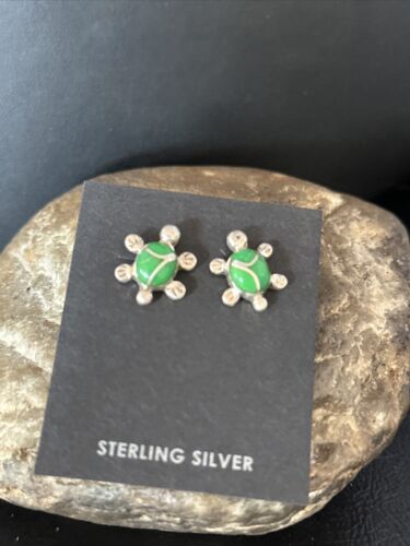 Navajo Turtle Green Turquoise Inlay Earrings | Sterling Silver | Authentic Native American Handmade | 14778