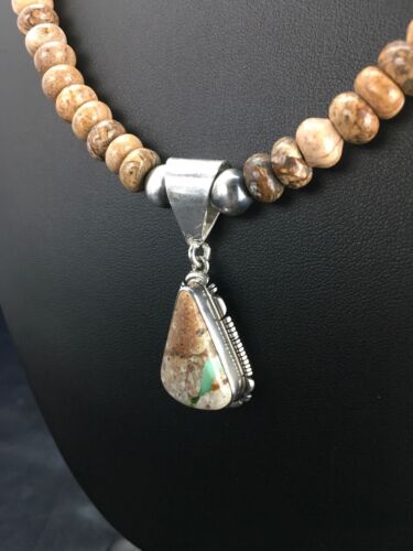 Navajo Green Turquoise & Picture Jasper Necklace | Sterling Silver | Authentic Native American Handmade | 2611