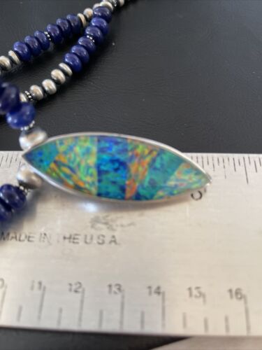 Men's Sterling Silver Necklace | Blue Lapis Bead Opal Inlay Pendant | Authentic Native American Handmade | 10585