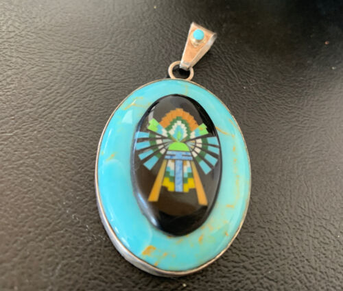 Zuni Multi-Stone Turquoise Pendant | Coral Onyx Inlay | Sterling Silver | Authentic Native American Handmade | 2029