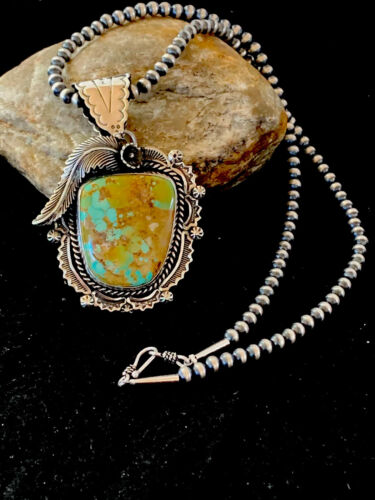Navajo Royston Turquoise Pendant Necklace | Sterling Silver | Authentic Native American Handmade | 4126 - Masha USA