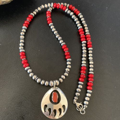 Bear Paw Red Coral Pendant for Men | Navajo Pearl Sterling Silver | Authentic Native American Handmade | 12589