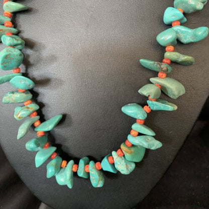 Navajo Green Turquoise & Spiny Oyster Graduated Necklace | Sterling Silver | Authentic Native American | 21" | 14009