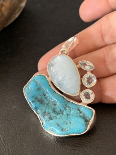Navajo Blue Topaz Turquoise Pendant | Sterling Silver | 2" | Authentic Native American Handmade | 10832