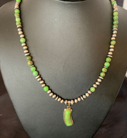 Navajo Green Gaspeite Turquoise Pendant | Sterling Silver Inlay | Authentic Native American Handmade | 12342