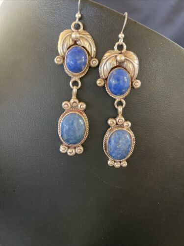 Native American Navajo Denim Lapis Dangle Earrings | Sterling Silver | 2" | 01681