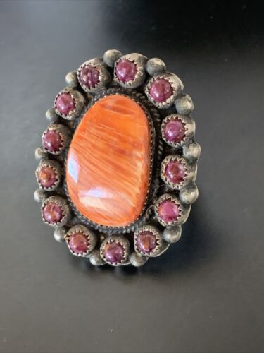 Navajo Spiny Oyster Cluster Ring | Authentic Native American Sterling Silver | Multi-Stone | Purple Orange | Sz 8 | 11513