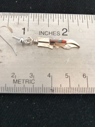 Navajo Coral Inlay Feather Earrings | Sterling Silver | Authentic Native American Handmade | 2007