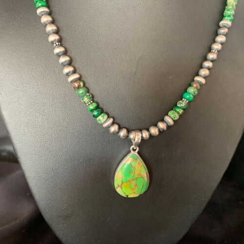 Navajo Pearls Green Mojave Turquoise Pendant Necklace | Sterling Silver | Native American Handmade | 13460